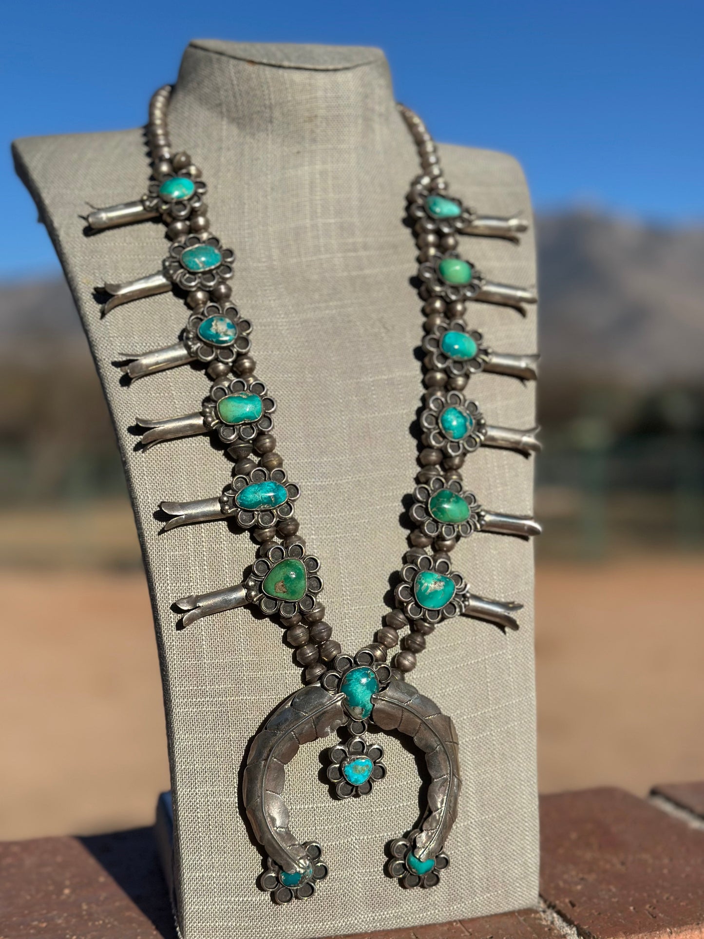 Estate Collection Old Pawn Navajo Turquoise & Sterling Silver Squash Blossom Necklace