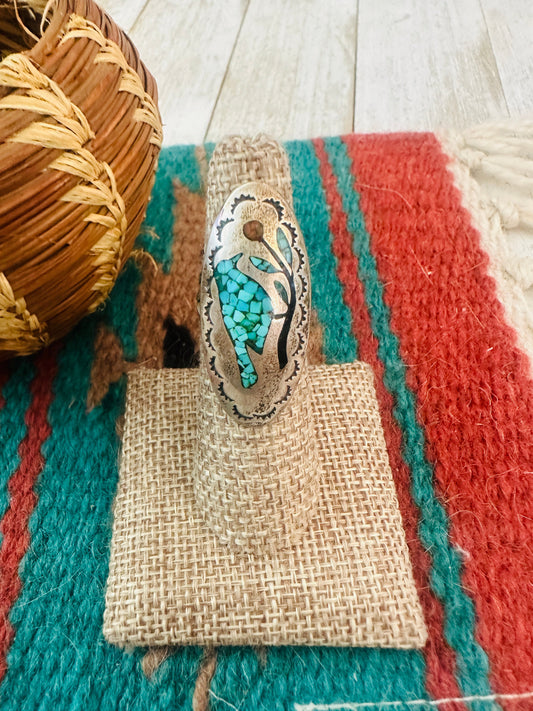 Old Pawn Navajo Sterling Silver, Turquoise & Coral Inlay Bird Ring Size 6