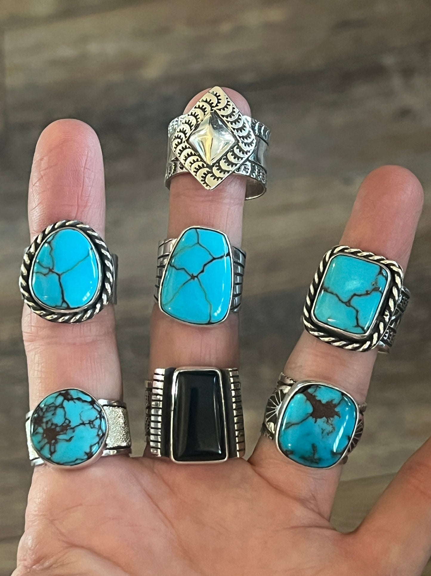 Native Made Sterling Silver Wide Shank Ring with Egyptian Turquoise by Shaun Rogers, Size 10.75