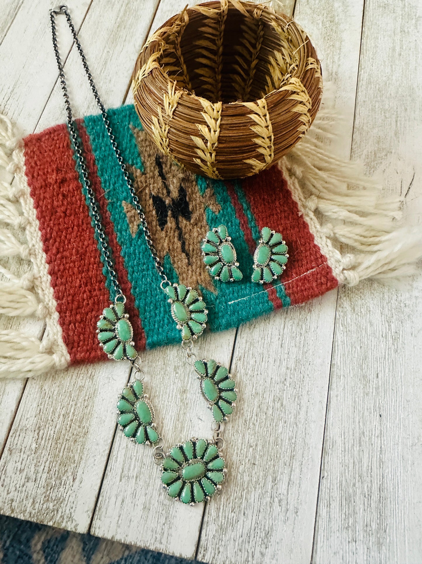 Navajo Sterling Silver & Turquoise Cluster Necklace and Earring Set