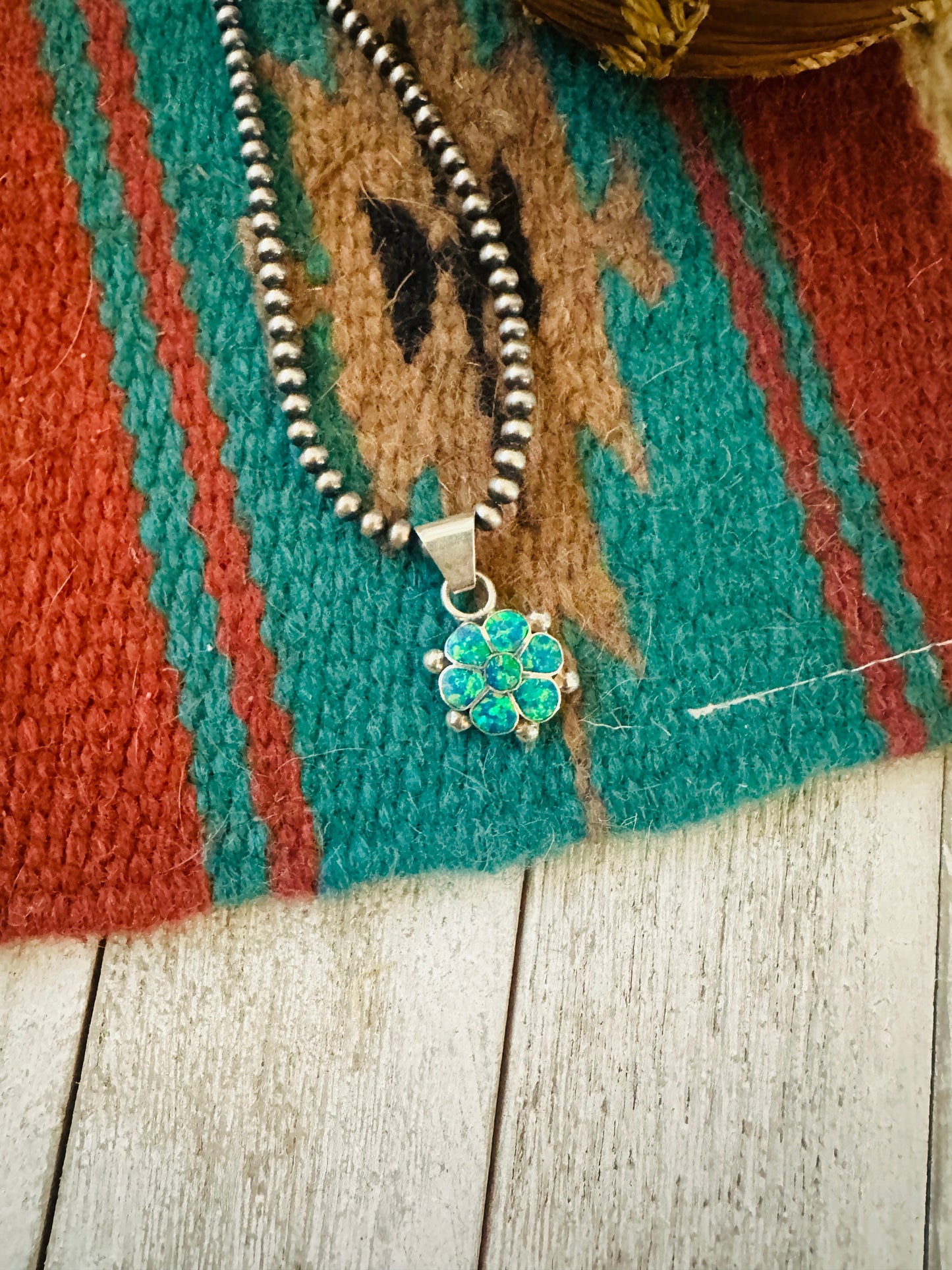 Zuni Blue Opal & Sterling Silver Inlay Flower Pendant