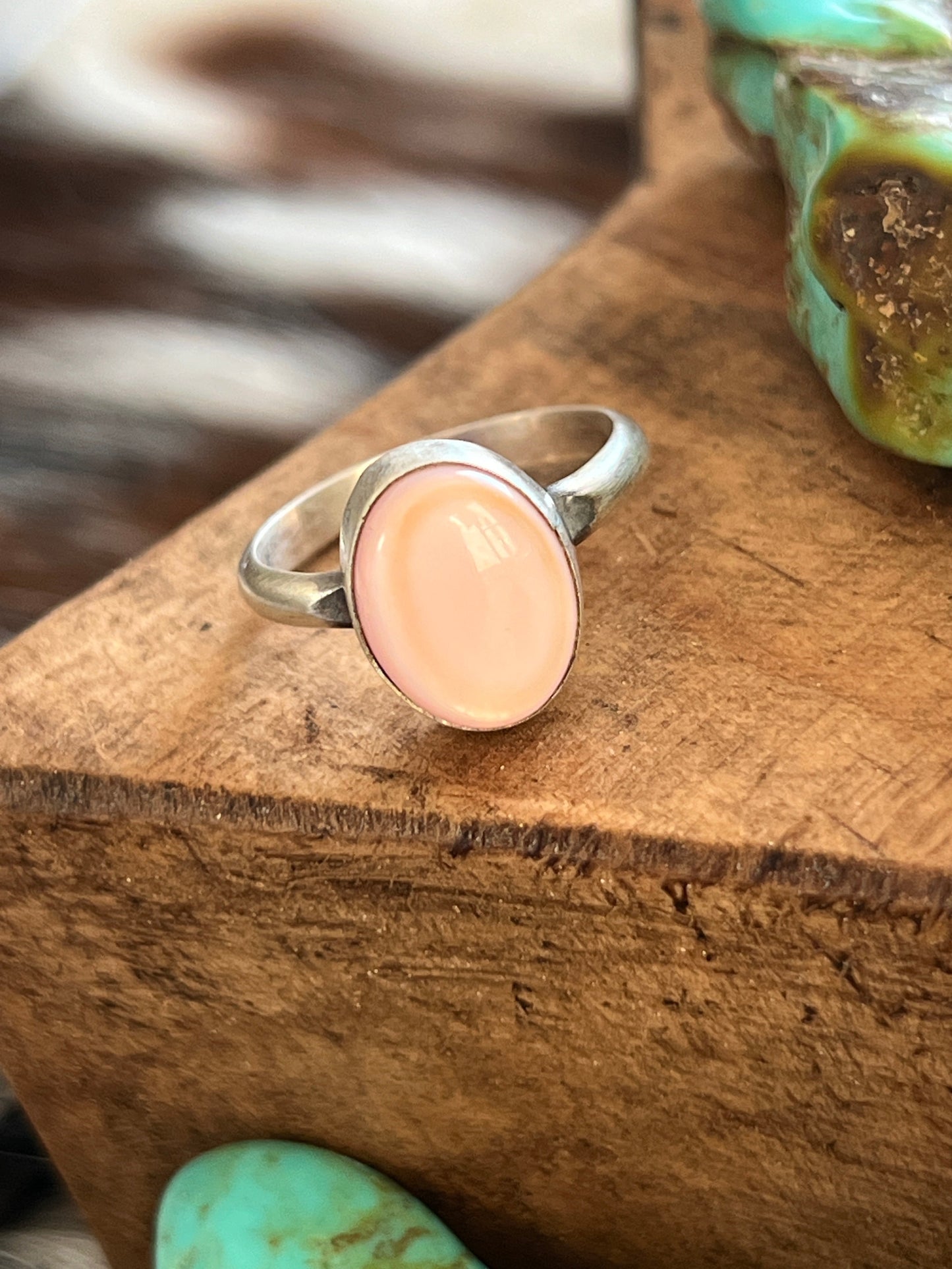 Navajo Made Sterling Silver and Oval Pink Conch Stacker Ring, Single Shank