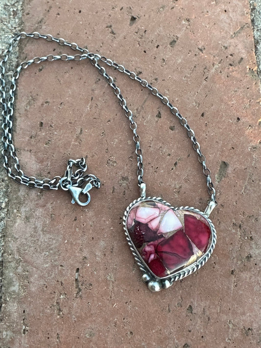 Navajo Rose Dahlia & Sterling Silver Heart Necklace