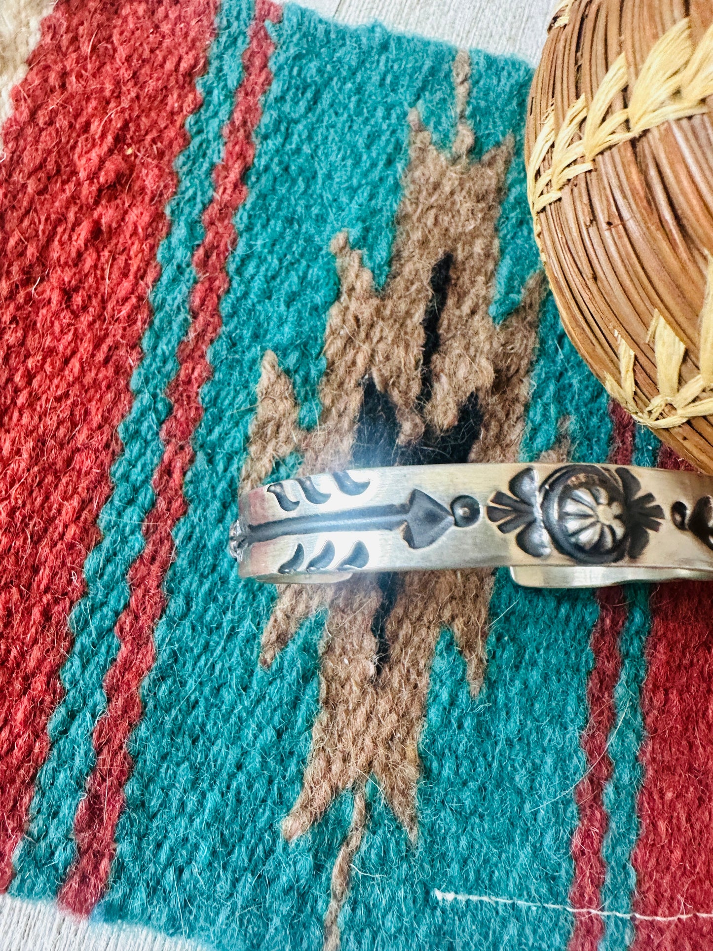 Navajo Hand Stamped Sterling Silver Arrow Concho Cuff Bracelet