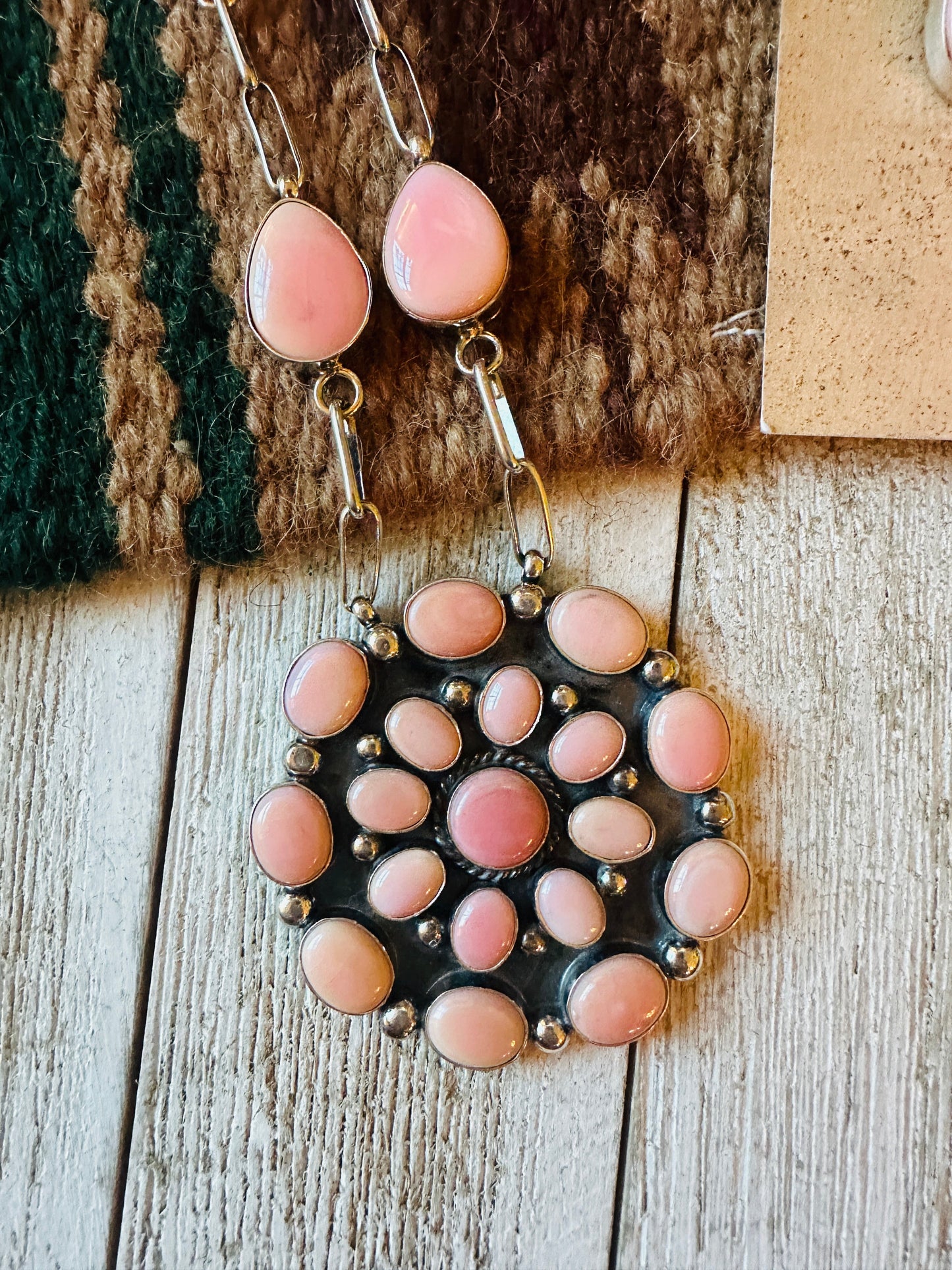 Navajo Queen Pink Conch & Sterling Silver Cluster Necklace Set