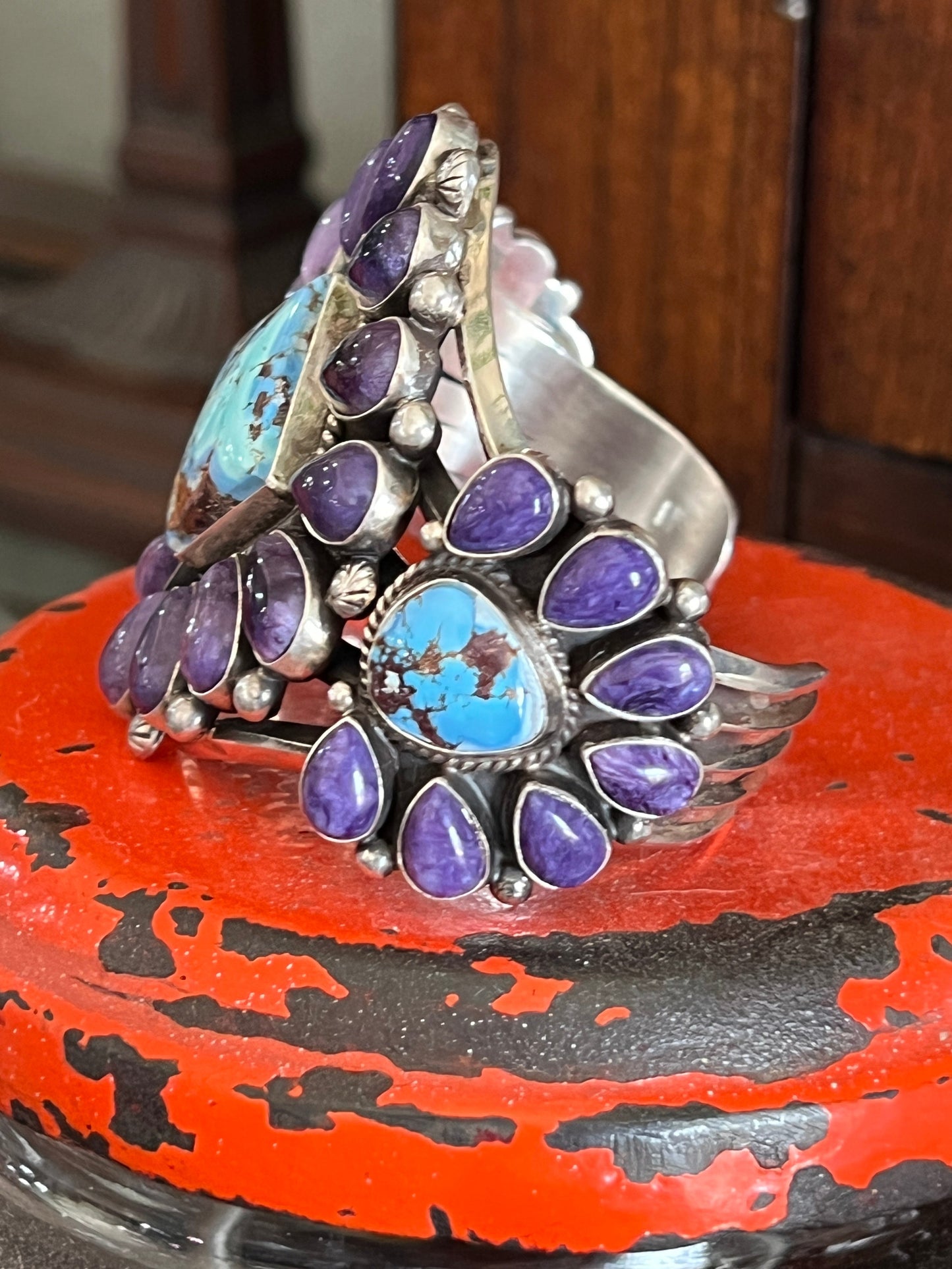 Navajo Sterling Silver, Charoite and Golden Hills Turquoise Cluster Cuff Bracelet by Tyler Brown