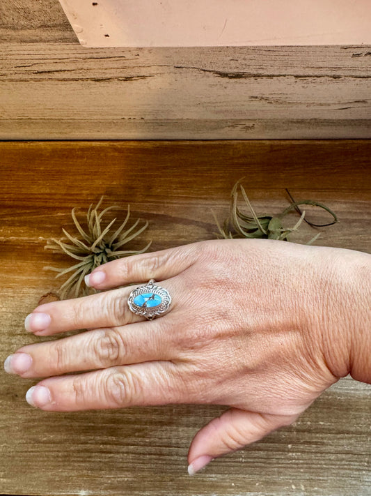 Golden Hills Turquoise Ring – Navajo Handmade by Virgil Chee, Size 8.5