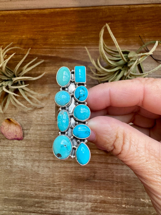 Adjustable Kingman Turquoise Statement Ring – USA Made, 9 Stones