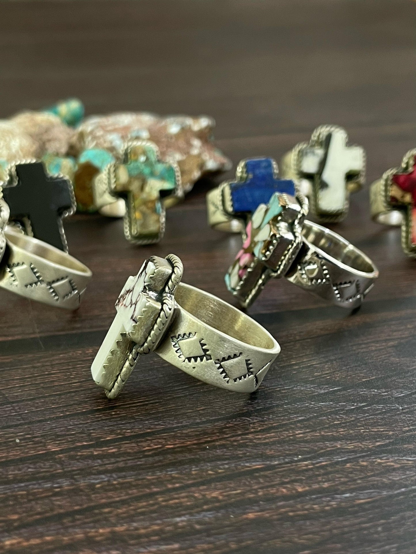 Handmade Sterling Silver Multi Stones Adjustable Cross Rings, Signed Nizhoni