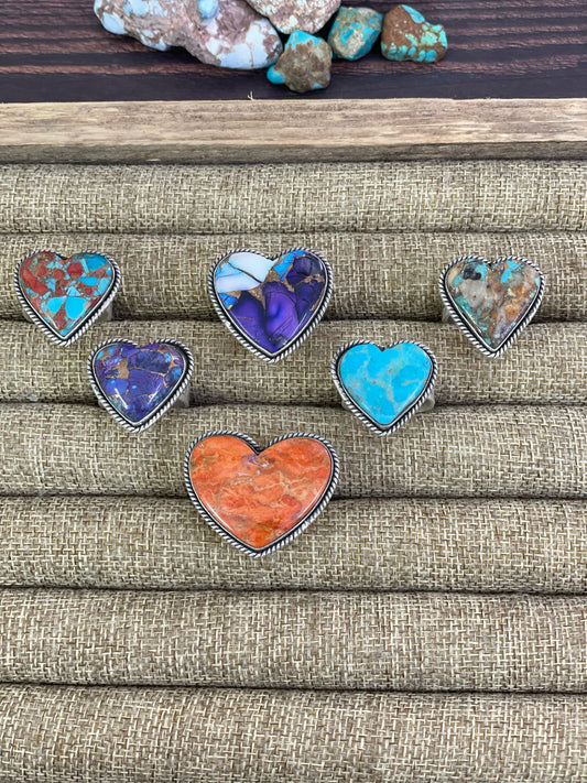 Handmade Sterling Silver Matrix Royston, Purple Copper Turquoise, Kingman Turquoise, Dahlia Rose Violet and Orange Moajve Ring, Signed Nizhoni