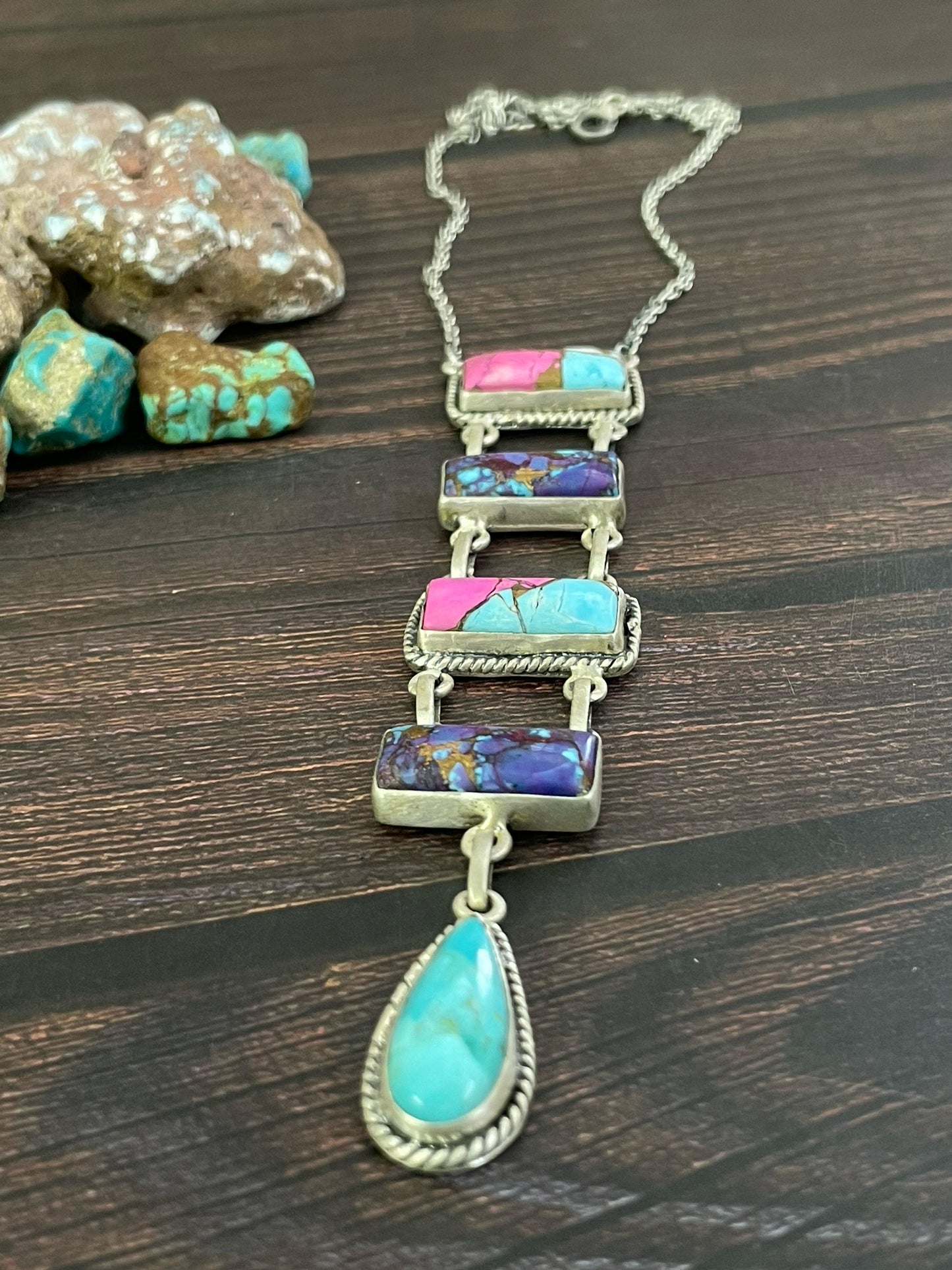 Handmade Sterling Silver Cotton Candy, Kingman and Purple Copper Turquoise Necklace, Signed Nizhoni