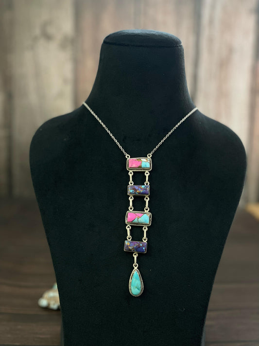 Handmade Sterling Silver Cotton Candy, Kingman and Purple Copper Turquoise Necklace, Signed Nizhoni