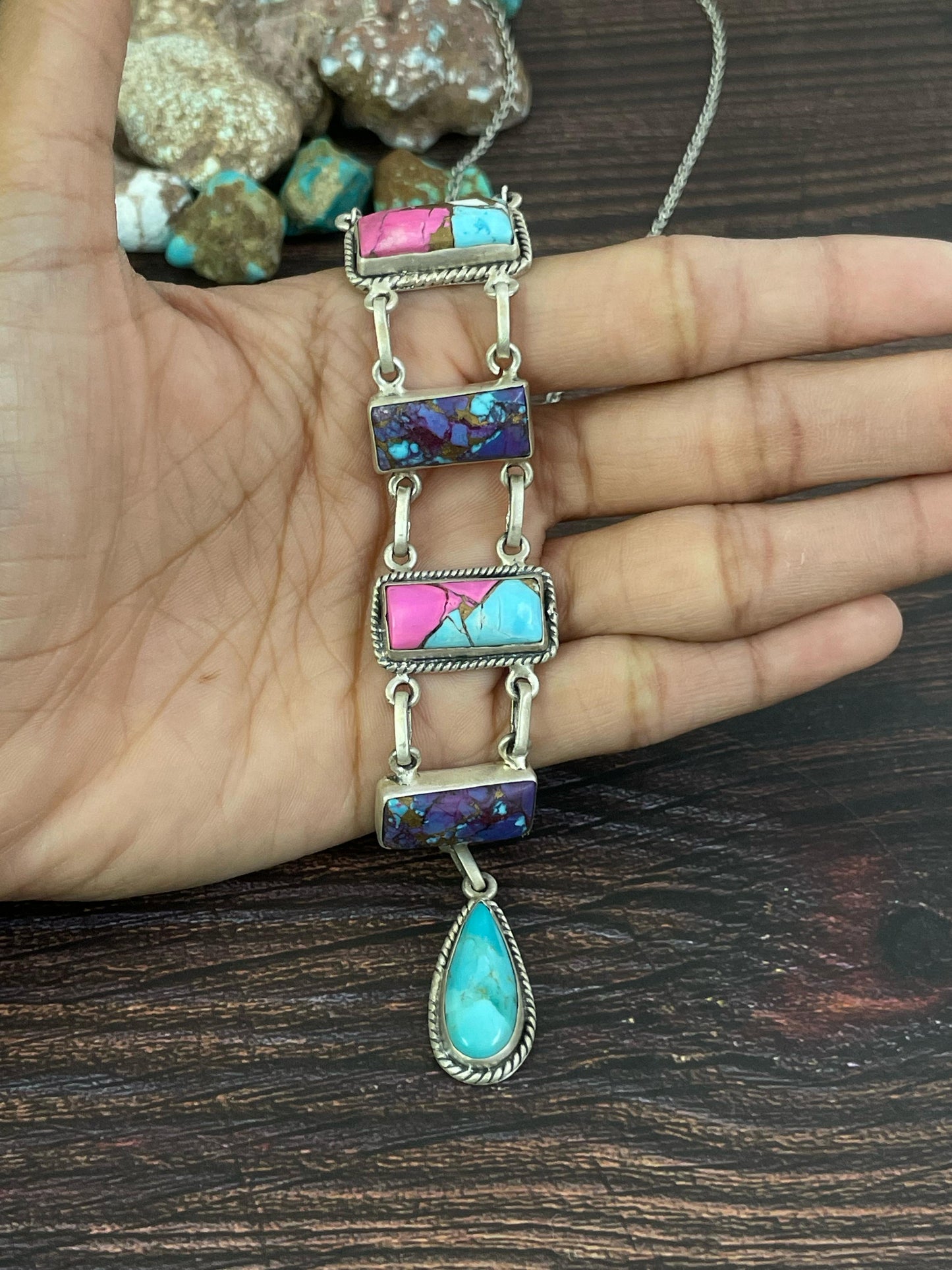 Handmade Sterling Silver Cotton Candy, Kingman and Purple Copper Turquoise Necklace, Signed Nizhoni