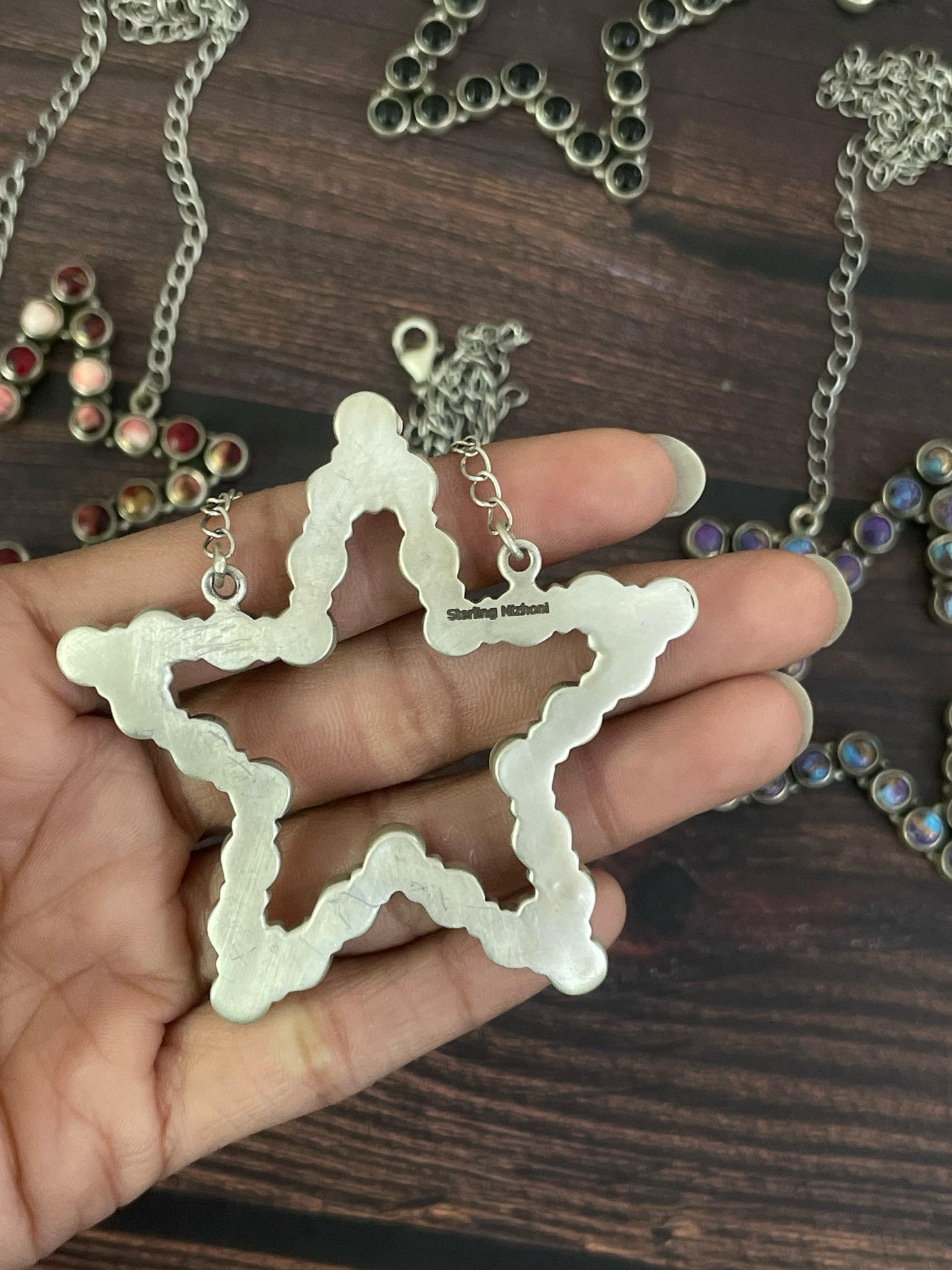 Handmade Sterling Silver Black Onyx, Purple Mojave, Wild Horse, White Buffalo, Kingman, Rose Dahlia Necklace, Signed Nizhoni