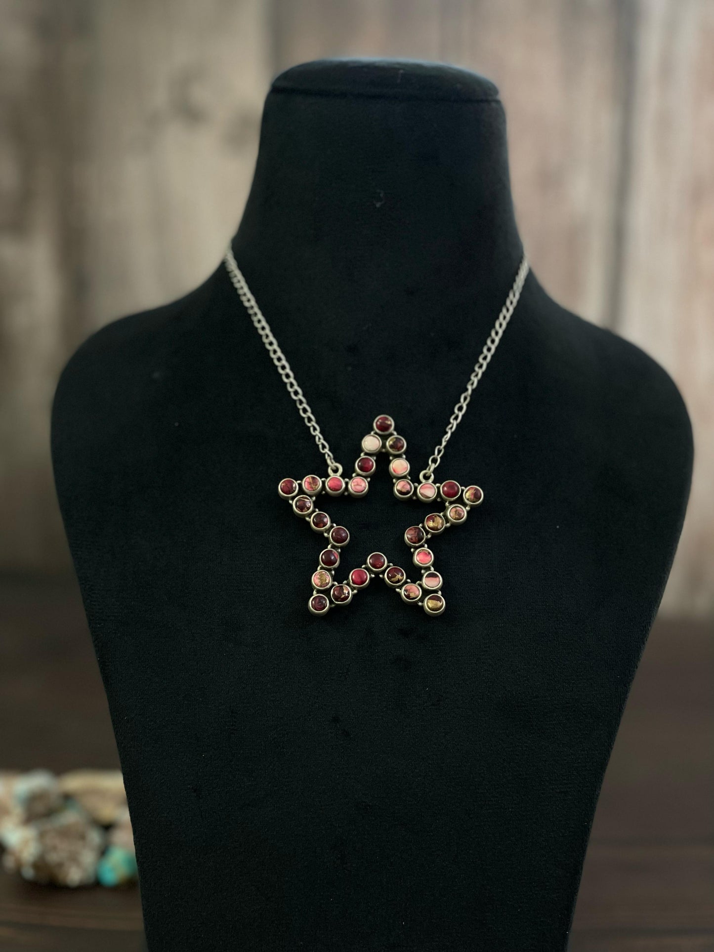 Handmade Sterling Silver Black Onyx, Purple Mojave, Wild Horse, White Buffalo, Kingman, Rose Dahlia Necklace, Signed Nizhoni