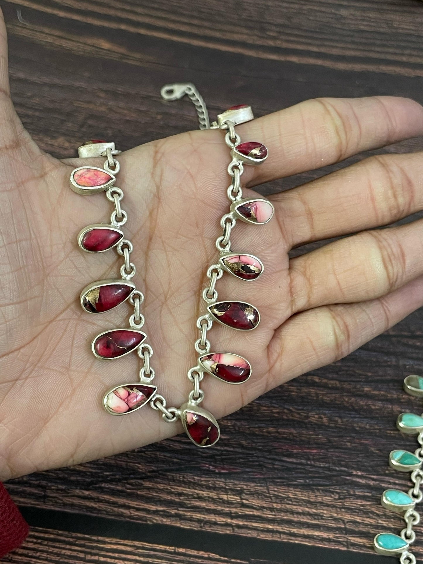 Handmade Sterling Silver Red Rose Dahlia, Cotton Candy, White Buffalo, Kingman Turquoise Necklace, Signed Nizhoni