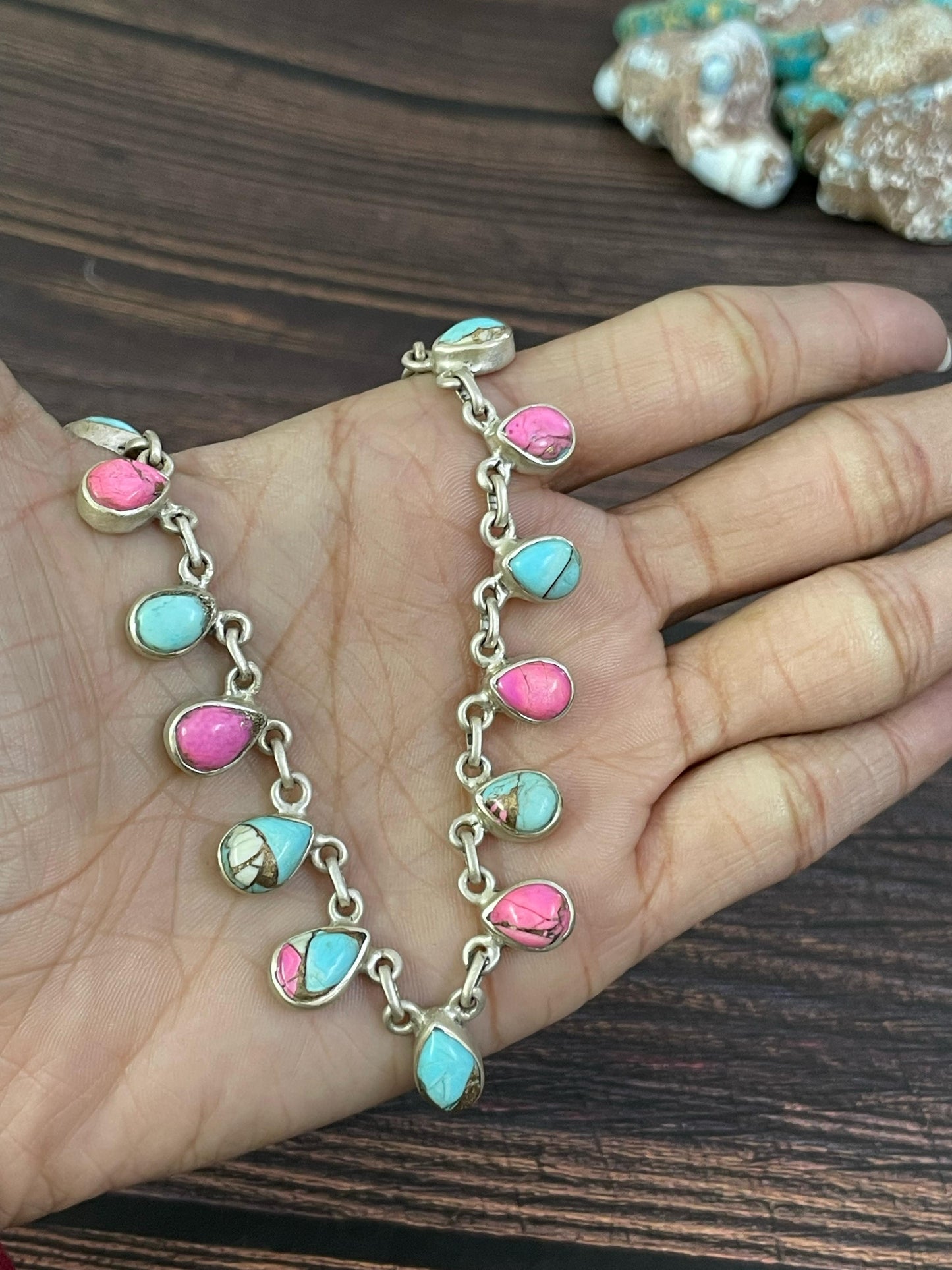 Handmade Sterling Silver Red Rose Dahlia, Cotton Candy, White Buffalo, Kingman Turquoise Necklace, Signed Nizhoni