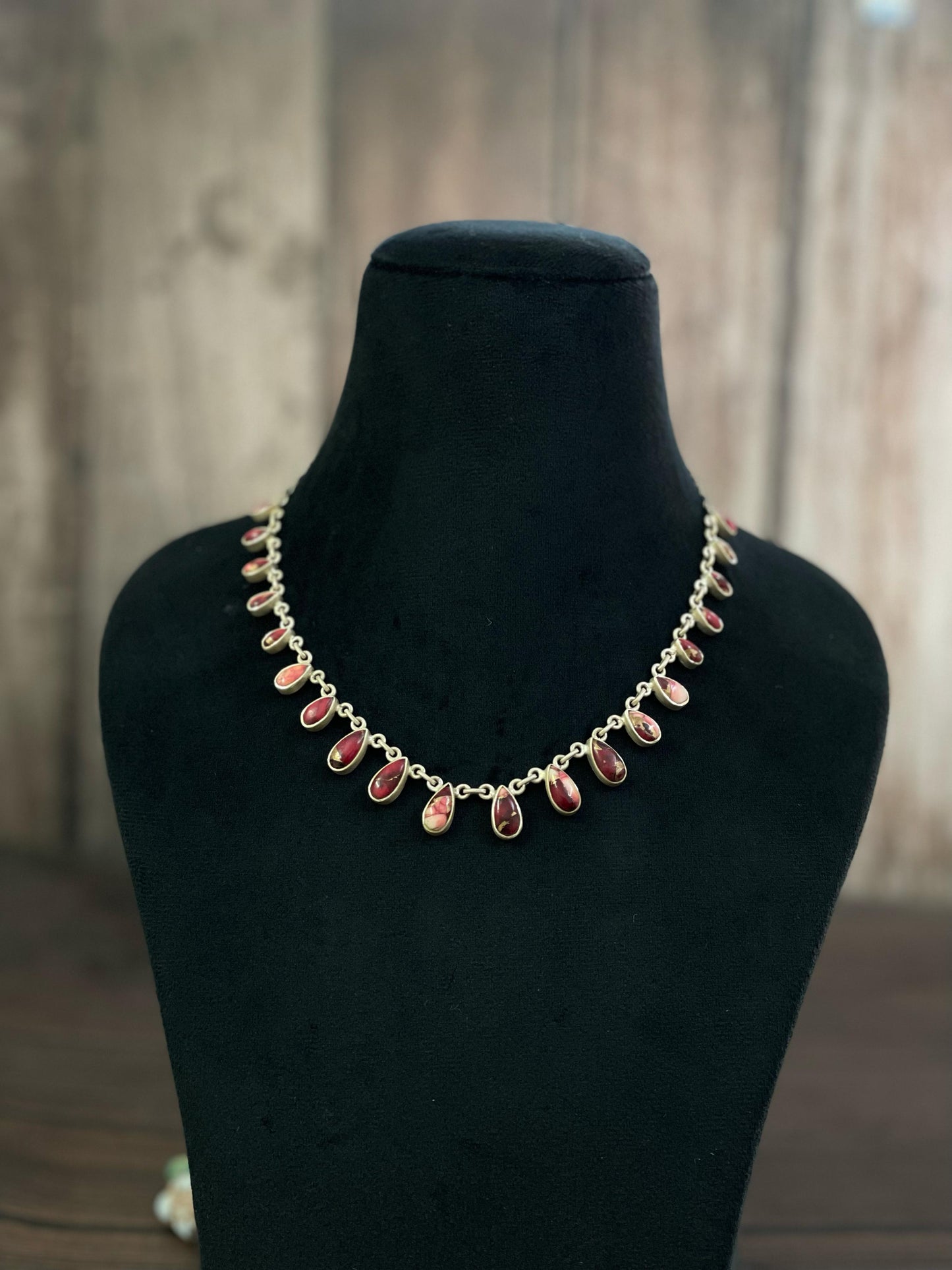 Handmade Sterling Silver Red Rose Dahlia, Cotton Candy, White Buffalo, Kingman Turquoise Necklace, Signed Nizhoni