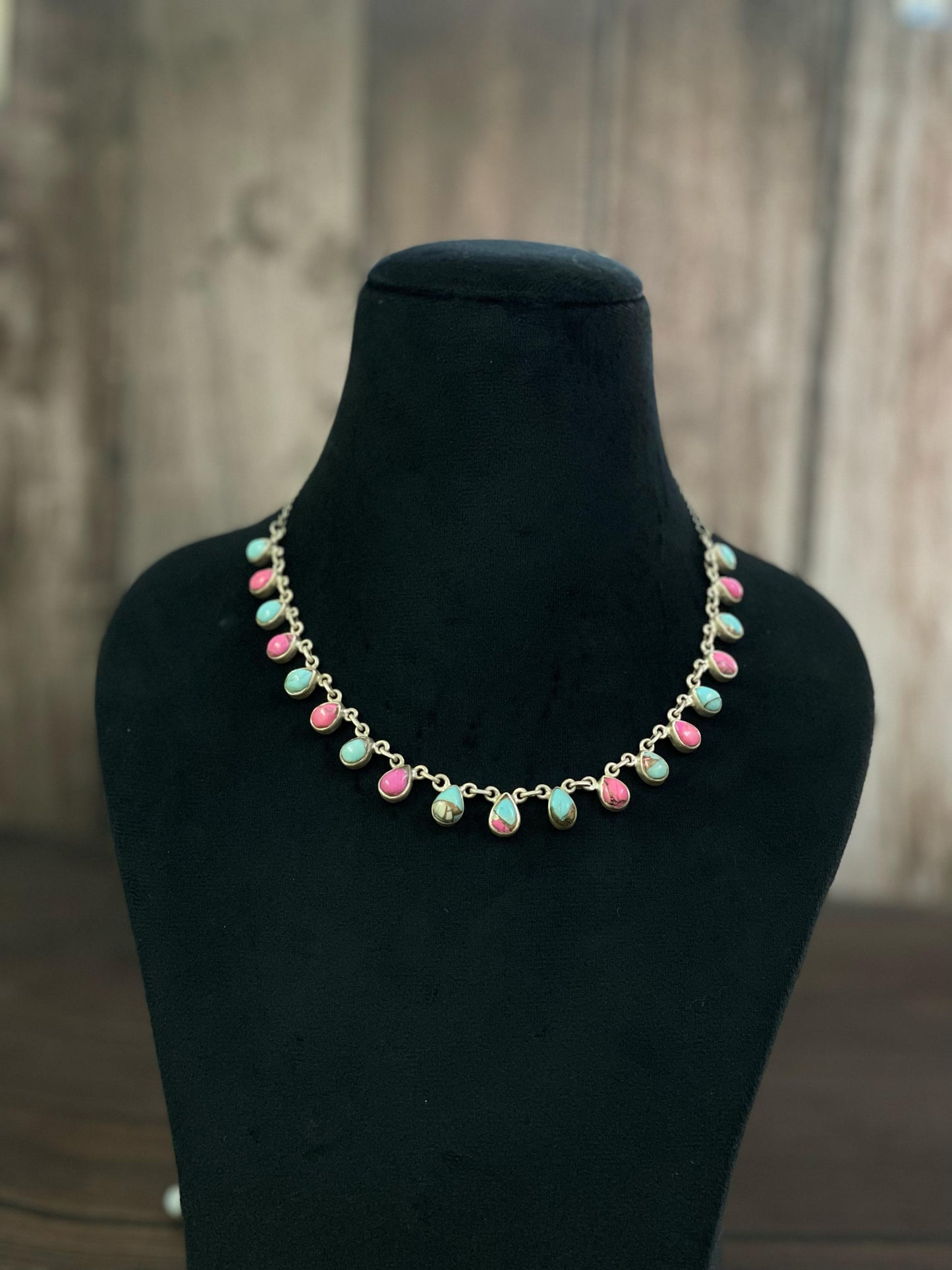 Handmade Sterling Silver Red Rose Dahlia, Cotton Candy, White Buffalo, Kingman Turquoise Necklace, Signed Nizhoni