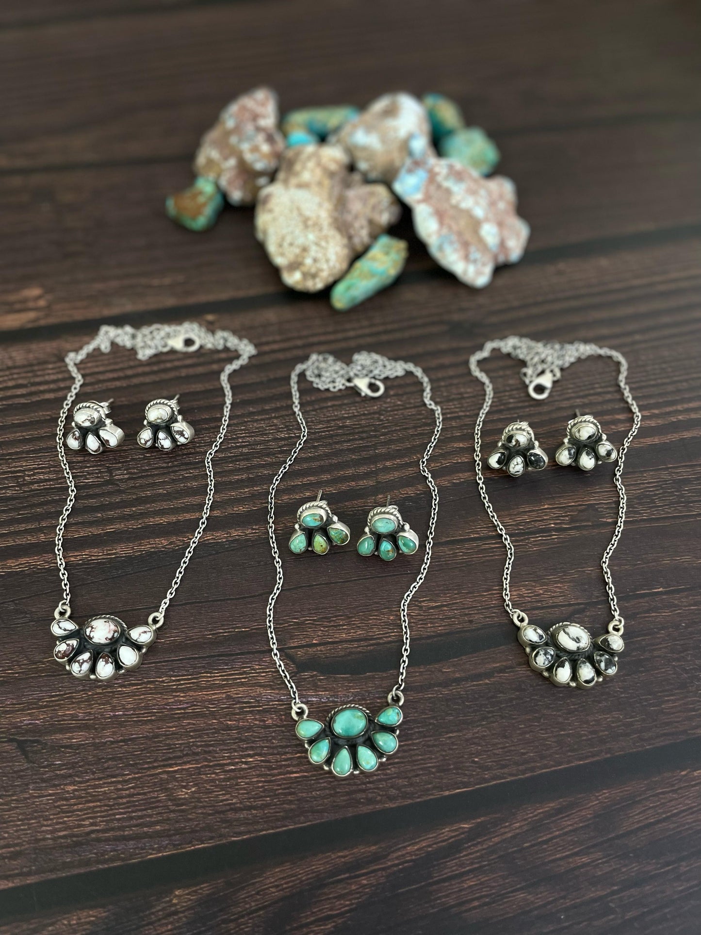 Handmade Sterling Silver Kingman Turquoise, White Buffalo, Wild Horse Necklace Earring Set, Signed Nizhoni