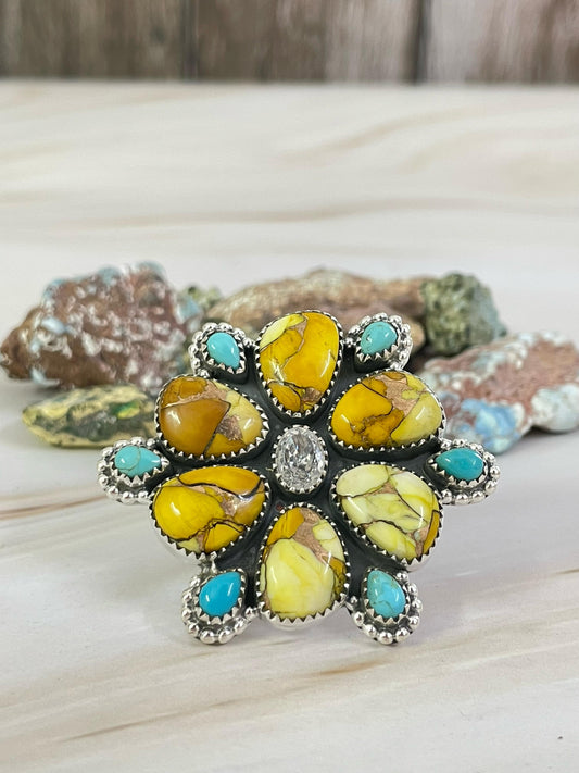 Handmade Sterling Silver Honey Dahlia with Kingman & Topaz Adjustable Ring, Signed Nizhoni