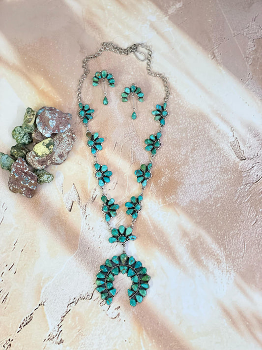 Handmade Sterling Silver Emerald Valley Turquoise Necklace Post Earring Set, Signed Nizhoni