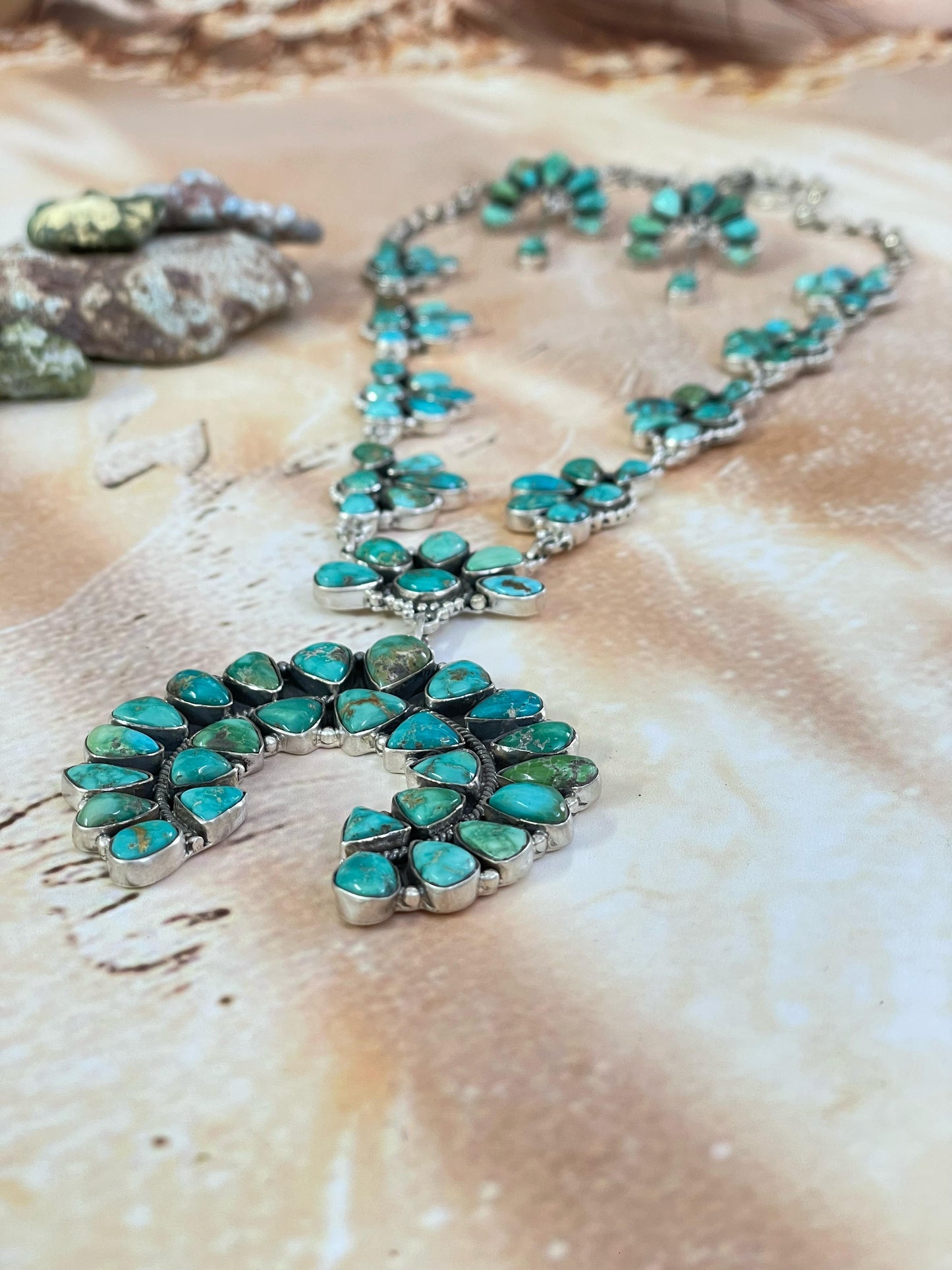 Handmade Sterling Silver Emerald Valley Turquoise Necklace Post Earring Set, Signed Nizhoni