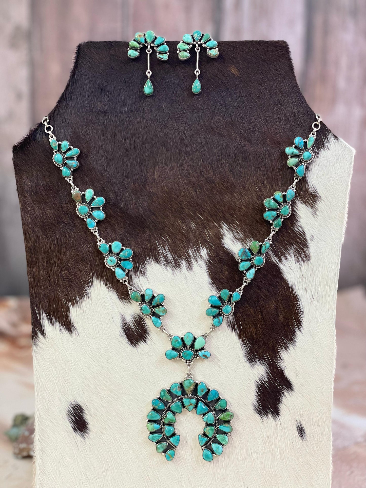 Handmade Sterling Silver Emerald Valley Turquoise Necklace Post Earring Set, Signed Nizhoni