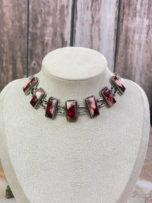 Handmade Sterling Silver Red Rose Dahlia Necklace, Signed Nizhoni