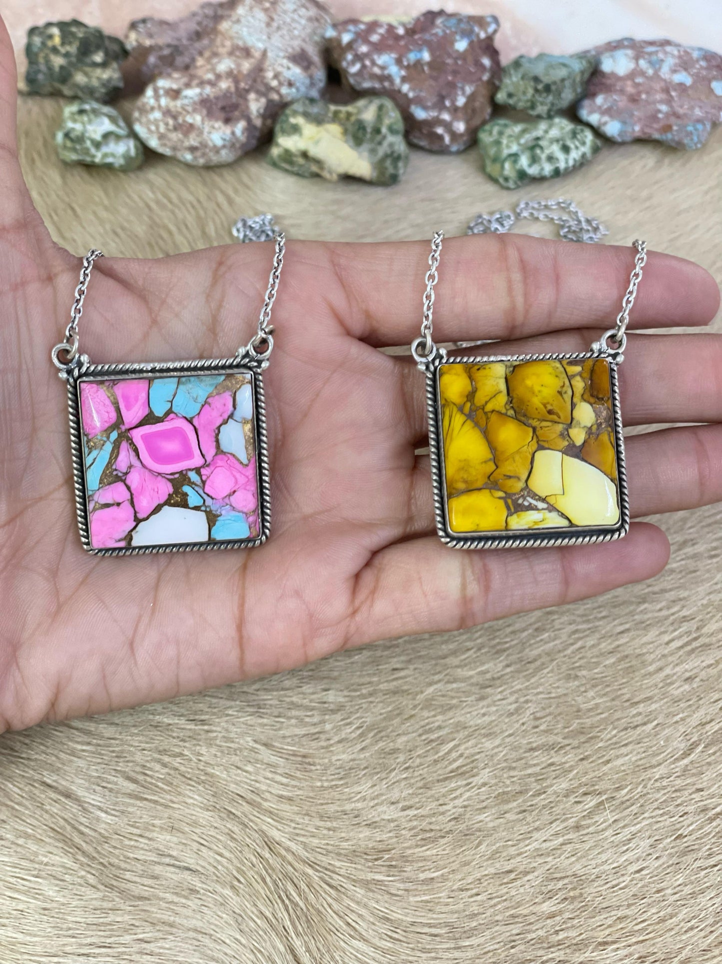 Handmade Sterling Silver Cotton Candy, Honey Dahlia Necklace with Signed Nizhoni