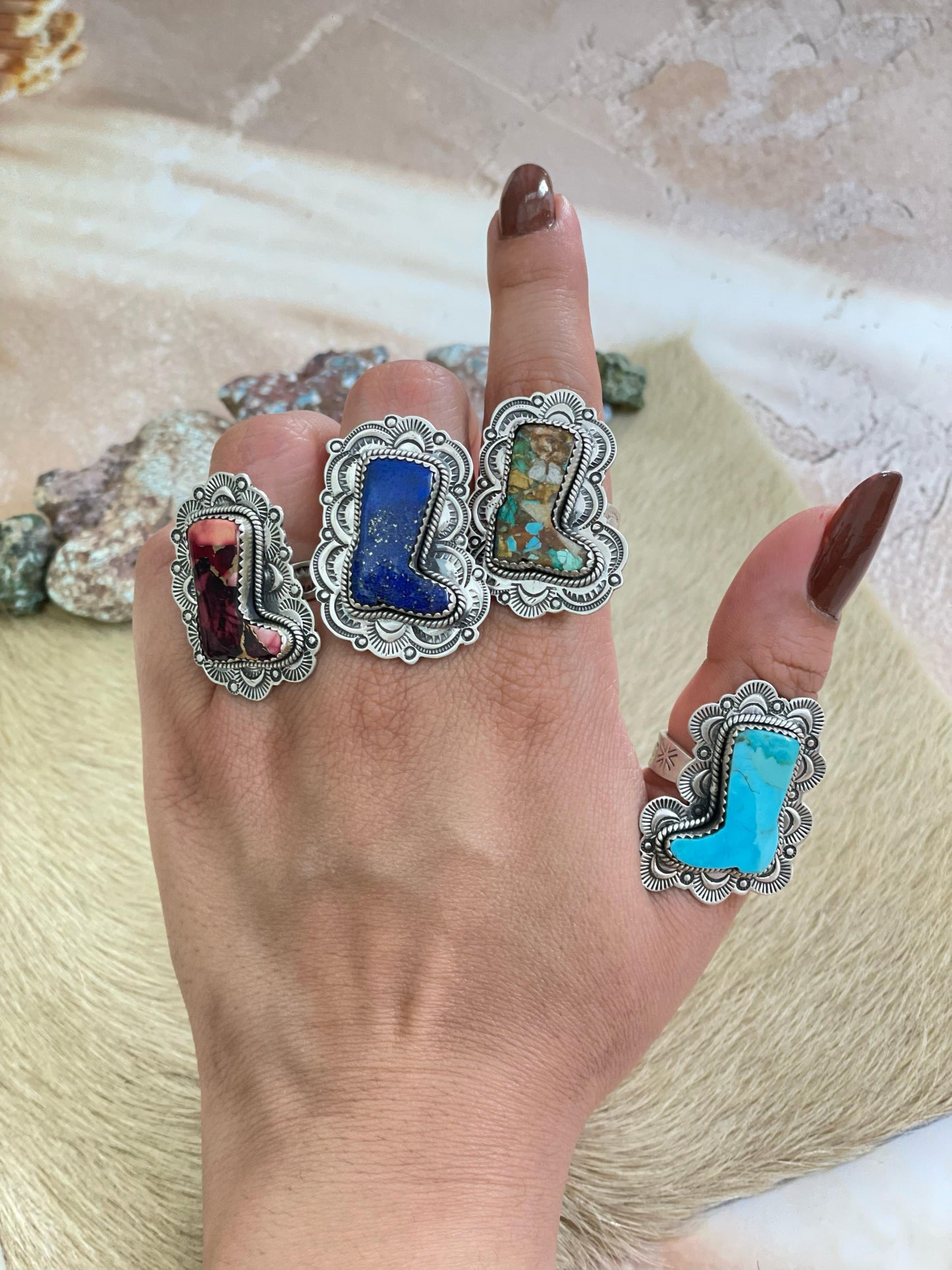 Handmade Silver Sterling Royston, Red Rose Dahlia, Kingman, Lapis Lazuli Adjustable Boot Ring with Signed Nizhoni