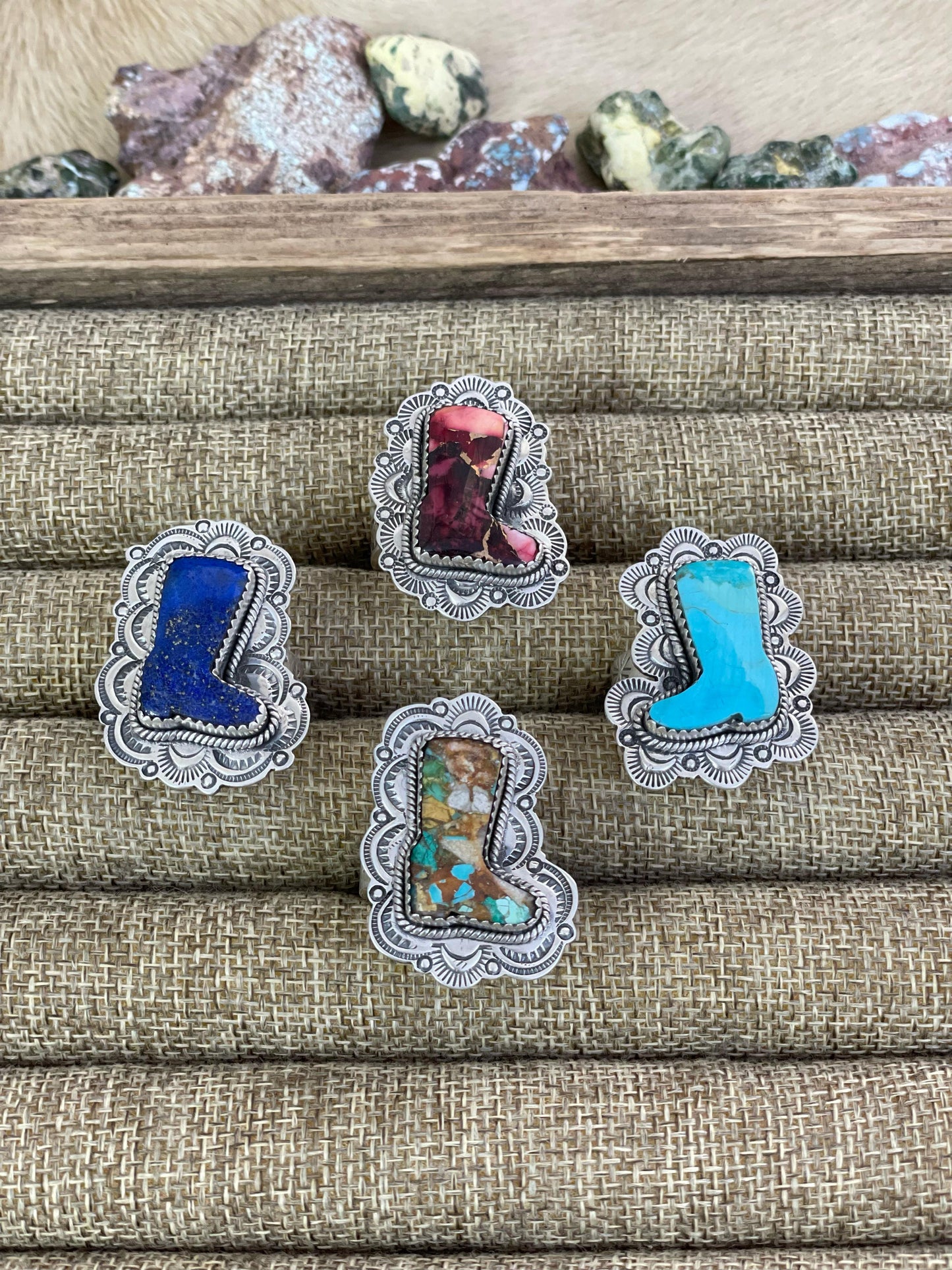 Handmade Silver Sterling Royston, Red Rose Dahlia, Kingman, Lapis Lazuli Adjustable Boot Ring with Signed Nizhoni