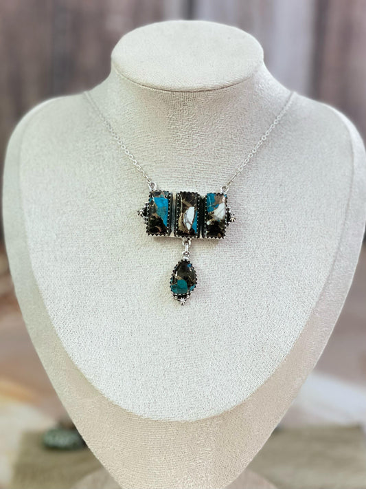 Handmade Sterling Silver White Buffalo and Turquoise Necklace, Signed Nizhoni