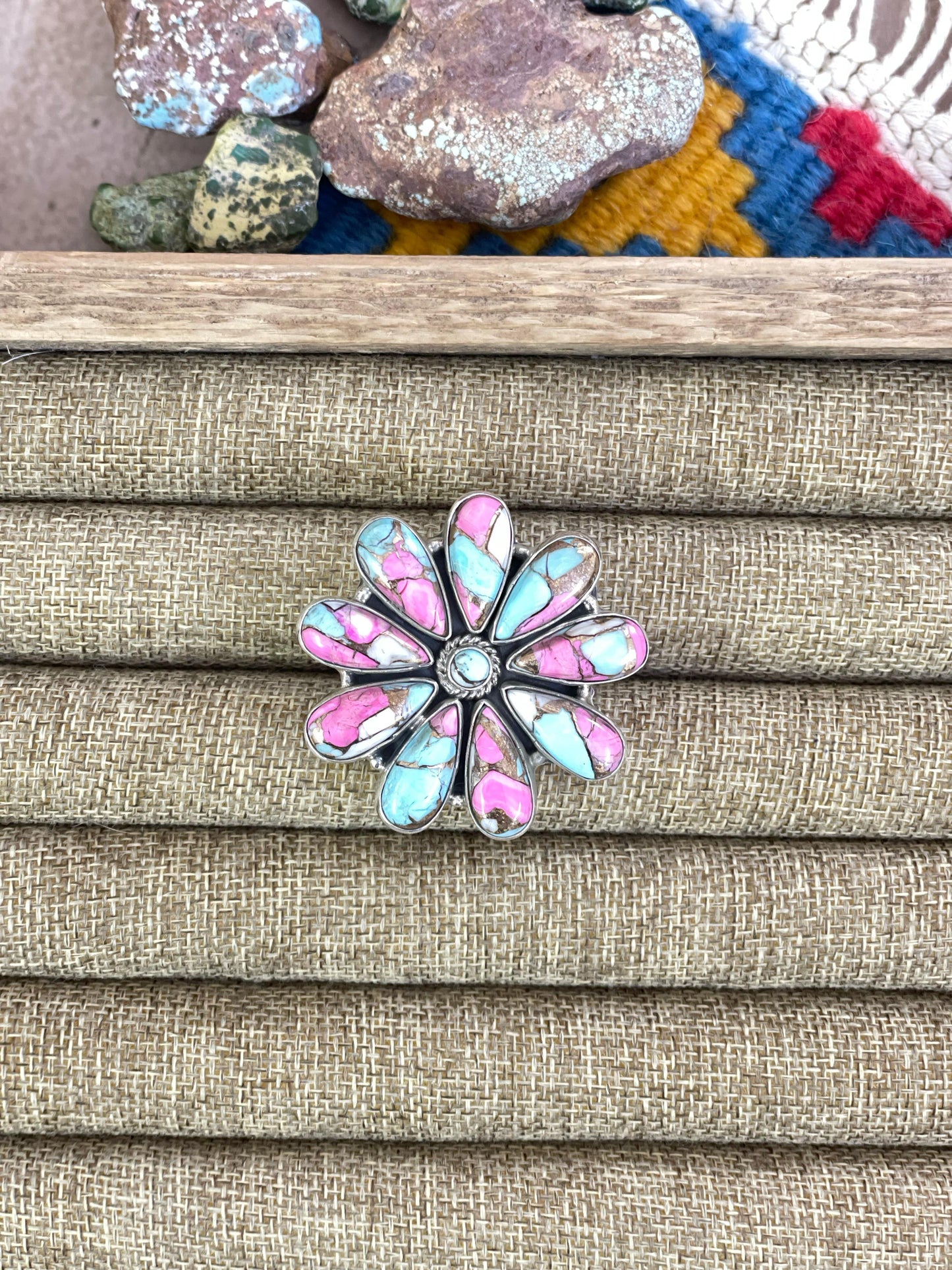 Handmade Sterling Silver Cotton Candy Turquoise Adjustable Ring, Signed Nizhoni