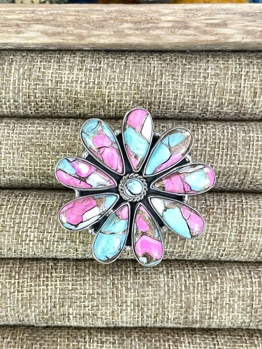 Handmade Sterling Silver Cotton Candy Turquoise Adjustable Ring, Signed Nizhoni