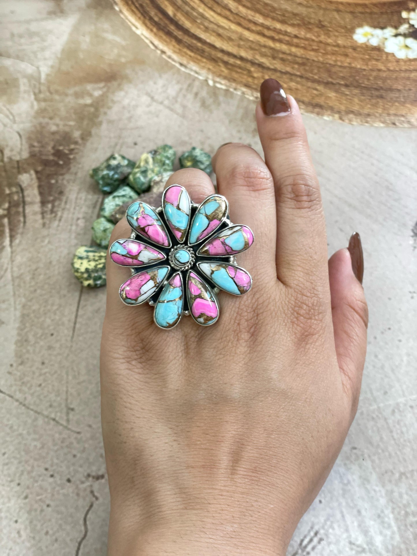 Handmade Sterling Silver Cotton Candy Turquoise Adjustable Ring, Signed Nizhoni