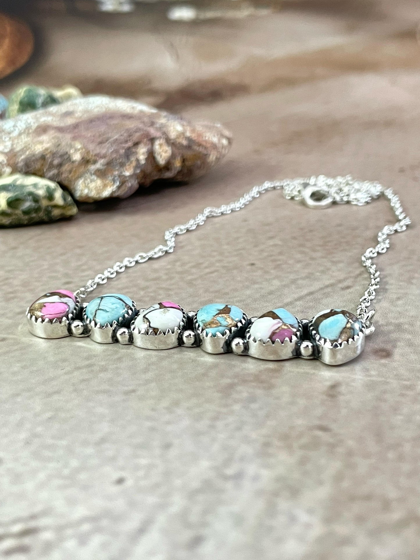 Handmade Sterling Silver Cotton Candy Turquoise Necklace, Signed Nizhoni