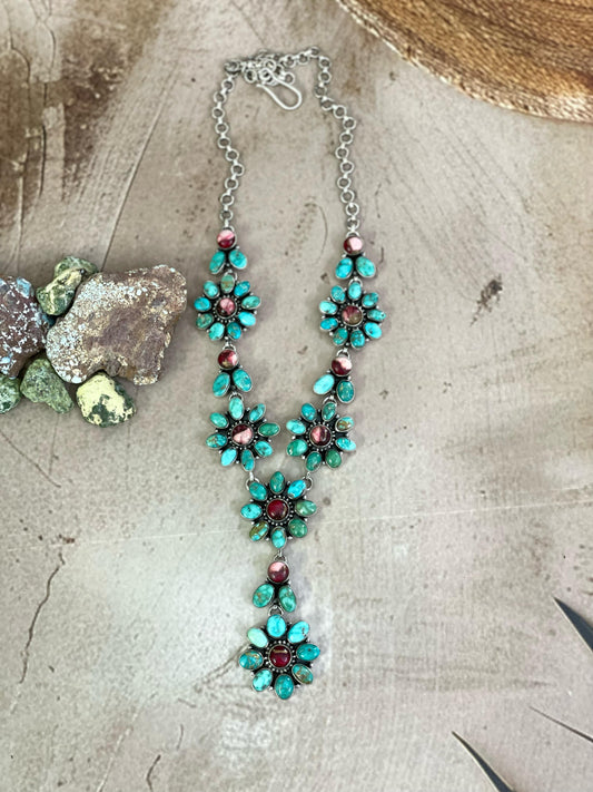 Handmade Sterling Silver Red Rose Dahlia with Emerald Valley Turquoise Necklace, Signed Nizhoni
