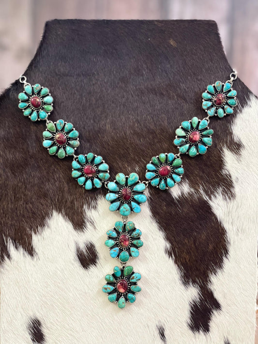 Handmade Sterling Silver Red Rose Dahlia with Emerald Valley Turquoise Necklace, Signed Nizhoni
