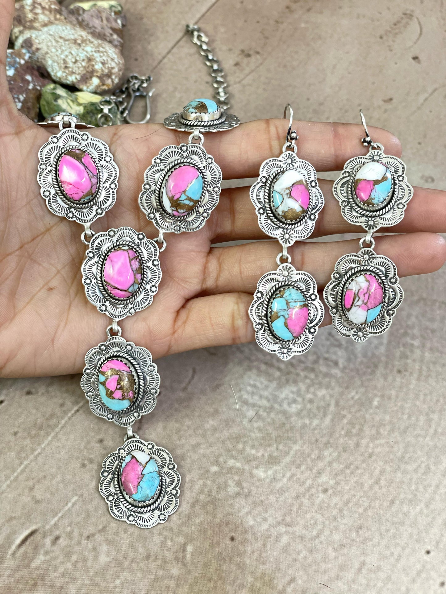 Handmade Sterling Silver Cotton Candy, Kingman Turquoise Necklace Dangle Earrings Set with Signed Nizhoni