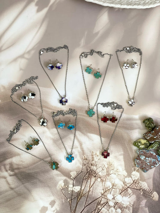 Handmade Sterling Silver Multi Stone Cross Necklace Post Earring Set with Signed Nizhoni