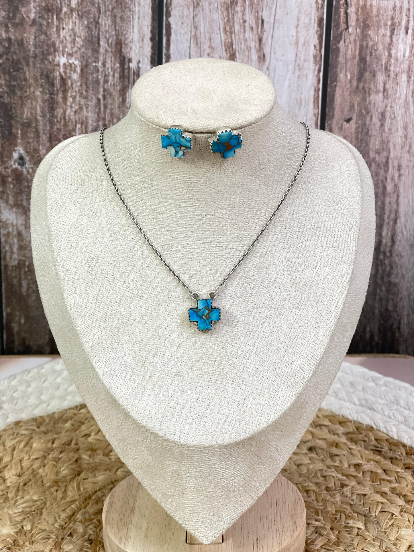 Handmade Sterling Silver Multi Stone Cross Necklace Post Earring Set with Signed Nizhoni