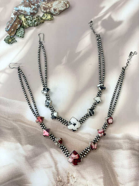 Handmade Sterling Silver White Buffalo Turquoise, Dahlia Rose Heart Necklace with Signed Nizhoni