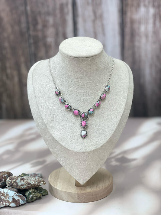 Handmade Sterling Silver Cotton Candy Turquoise Necklace with Signed Nizhoni