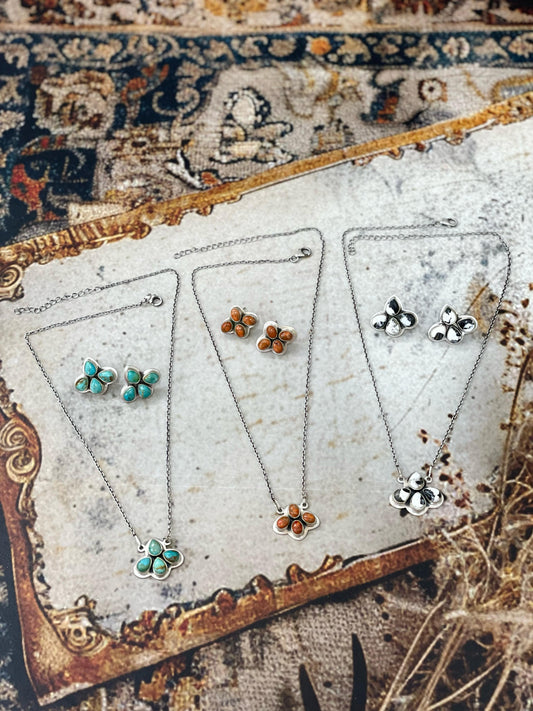 Handmade Sterling Silver White Buffalo, Orange Mojave, Kingman Turquoise Pear Necklace Post Earring Set with Signed Nizhoni