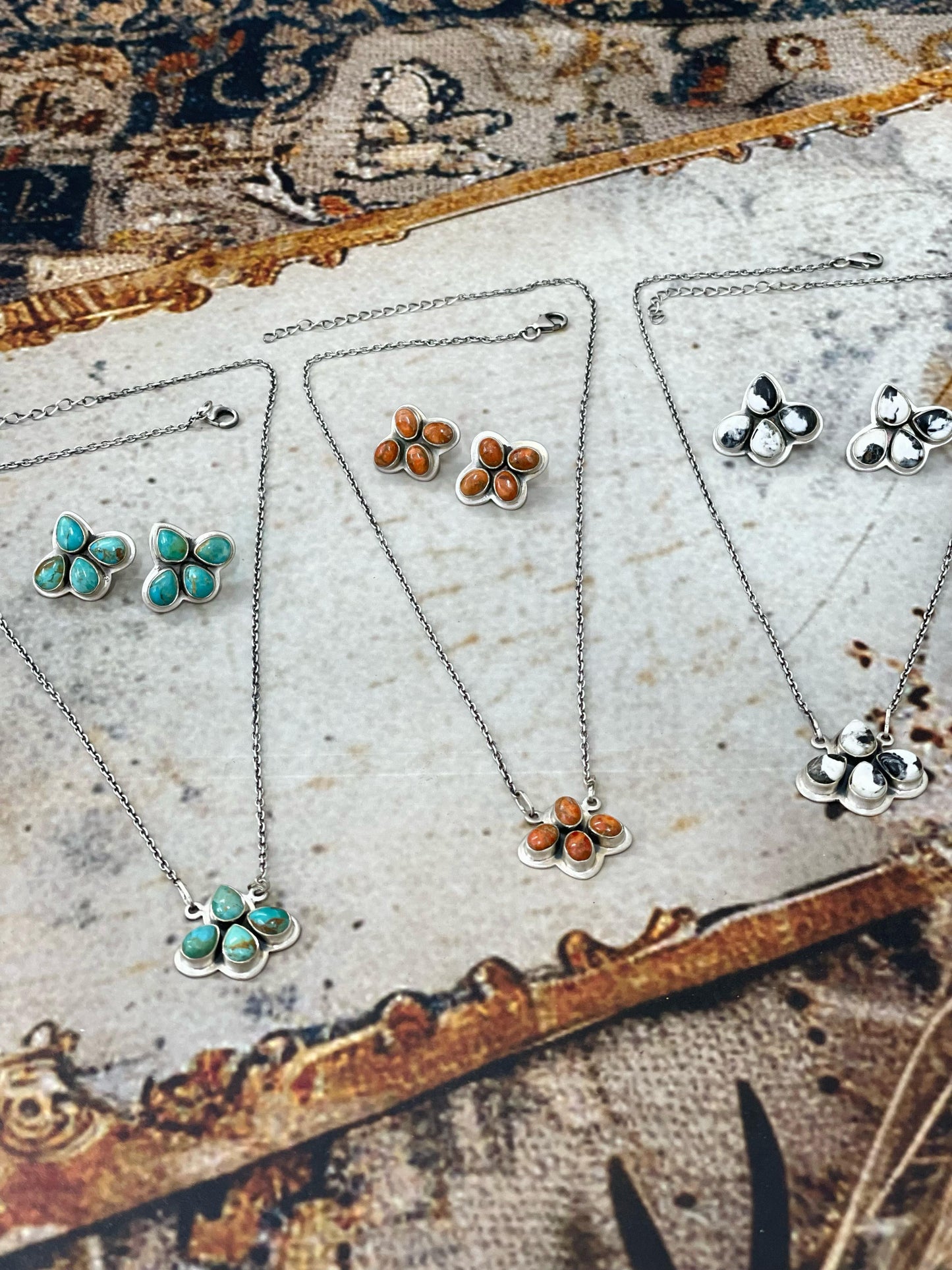Handmade Sterling Silver White Buffalo, Orange Mojave, Kingman Turquoise Pear Necklace Post Earring Set with Signed Nizhoni