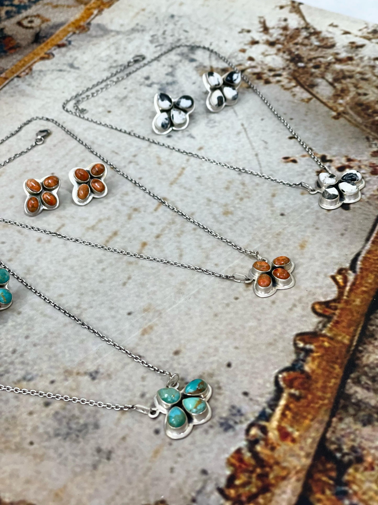 Handmade Sterling Silver White Buffalo, Orange Mojave, Kingman Turquoise Pear Necklace Post Earring Set with Signed Nizhoni