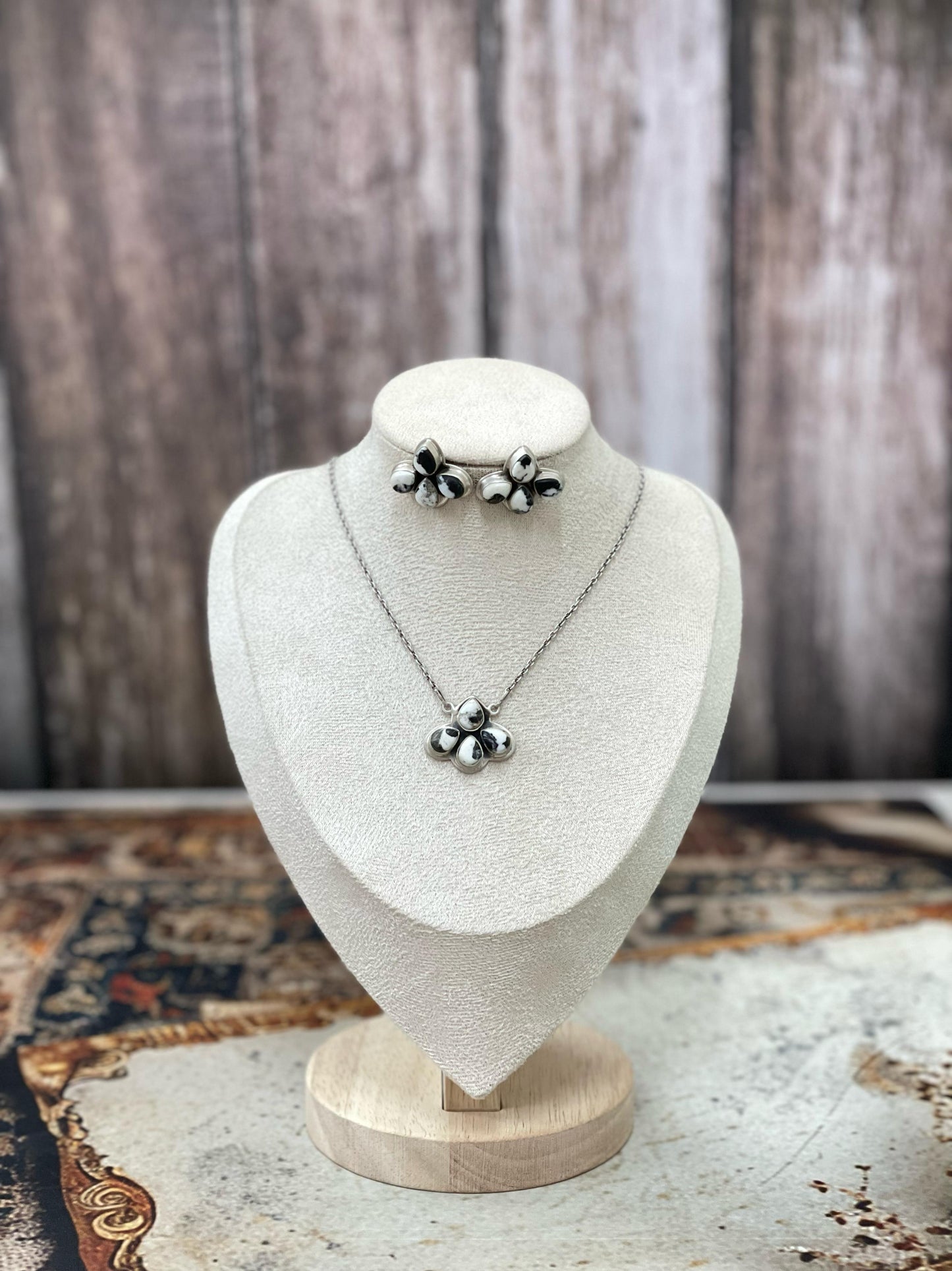 Handmade Sterling Silver White Buffalo, Orange Mojave, Kingman Turquoise Pear Necklace Post Earring Set with Signed Nizhoni