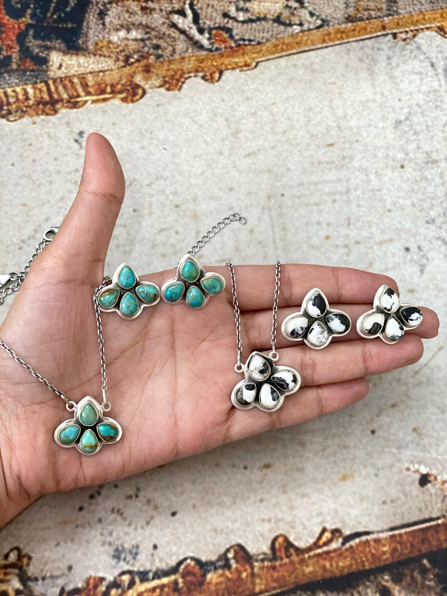 Handmade Sterling Silver White Buffalo, Orange Mojave, Kingman Turquoise Pear Necklace Post Earring Set with Signed Nizhoni