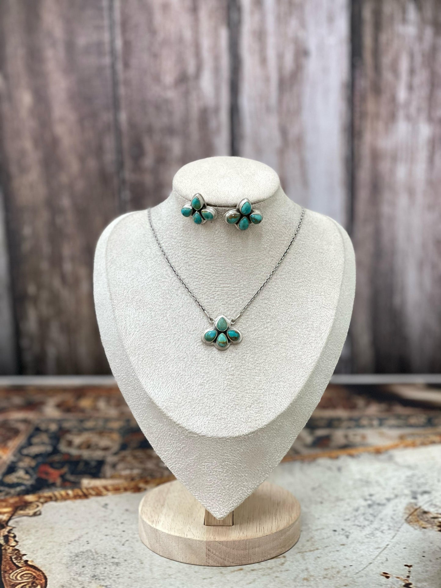 Handmade Sterling Silver White Buffalo, Orange Mojave, Kingman Turquoise Pear Necklace Post Earring Set with Signed Nizhoni
